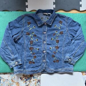 Vintage 90s Crystal Kobe Denim Jacket XL Floral Embroidered Buttons Boho Cottage